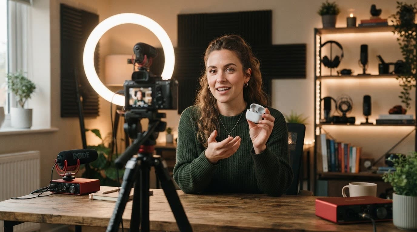 A creator records a product review beside a camera and ring light.