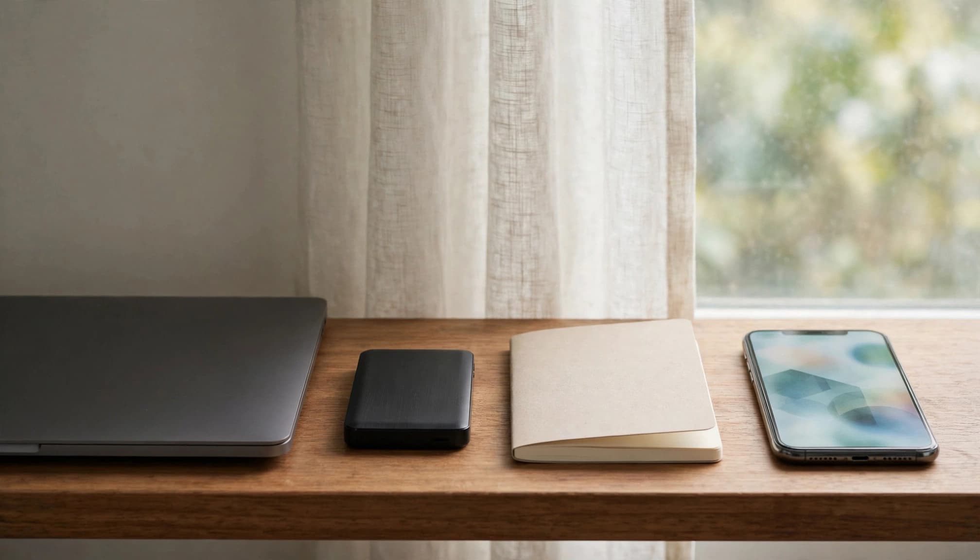 A laptop, backup drive, blank notebook, and phone arranged on a wooden shelf.
