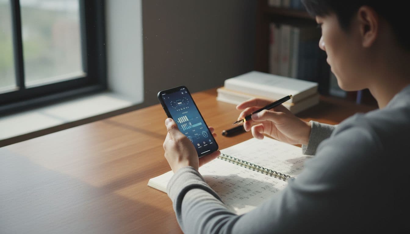 Focused person holds phone showing flashcards, notebook open to characters in sunlit quiet room.