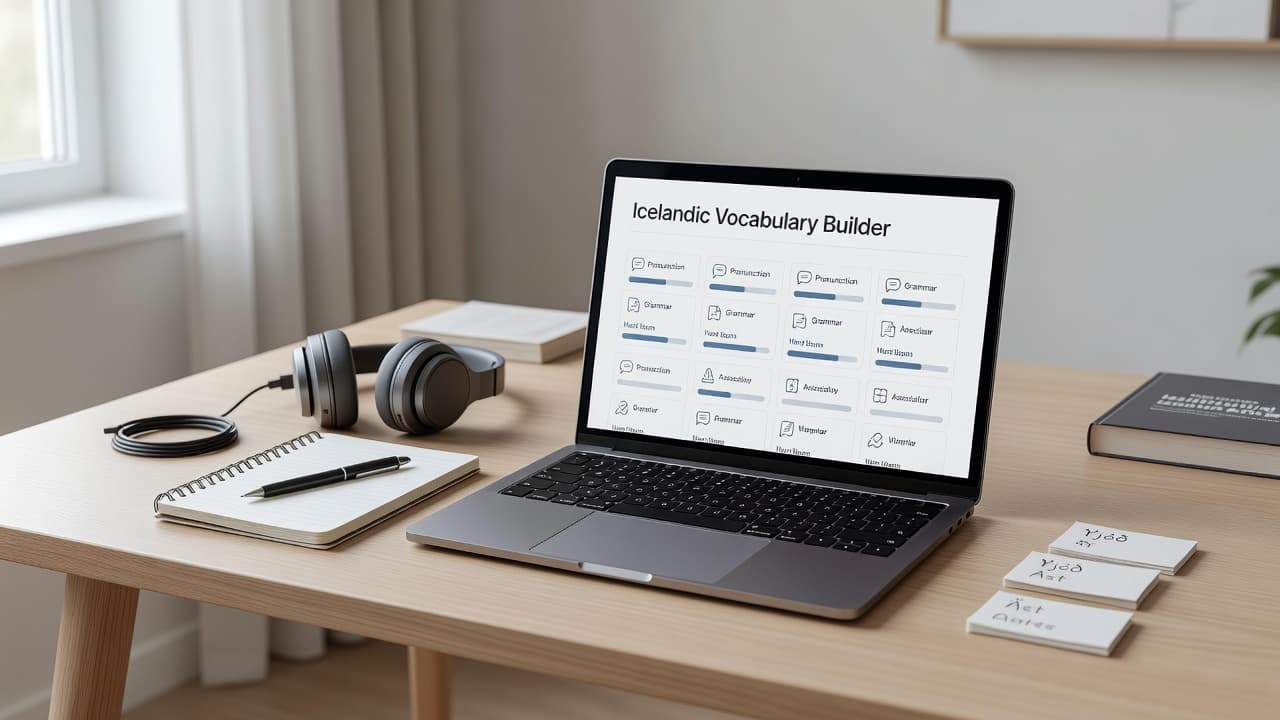 A sleek desk features an open laptop showcasing language software, a nearby notebook, and over-ear headphones. Gentle morning light illuminates the organized workspace, highlighting a serious environment for linguistic academic pursuit.