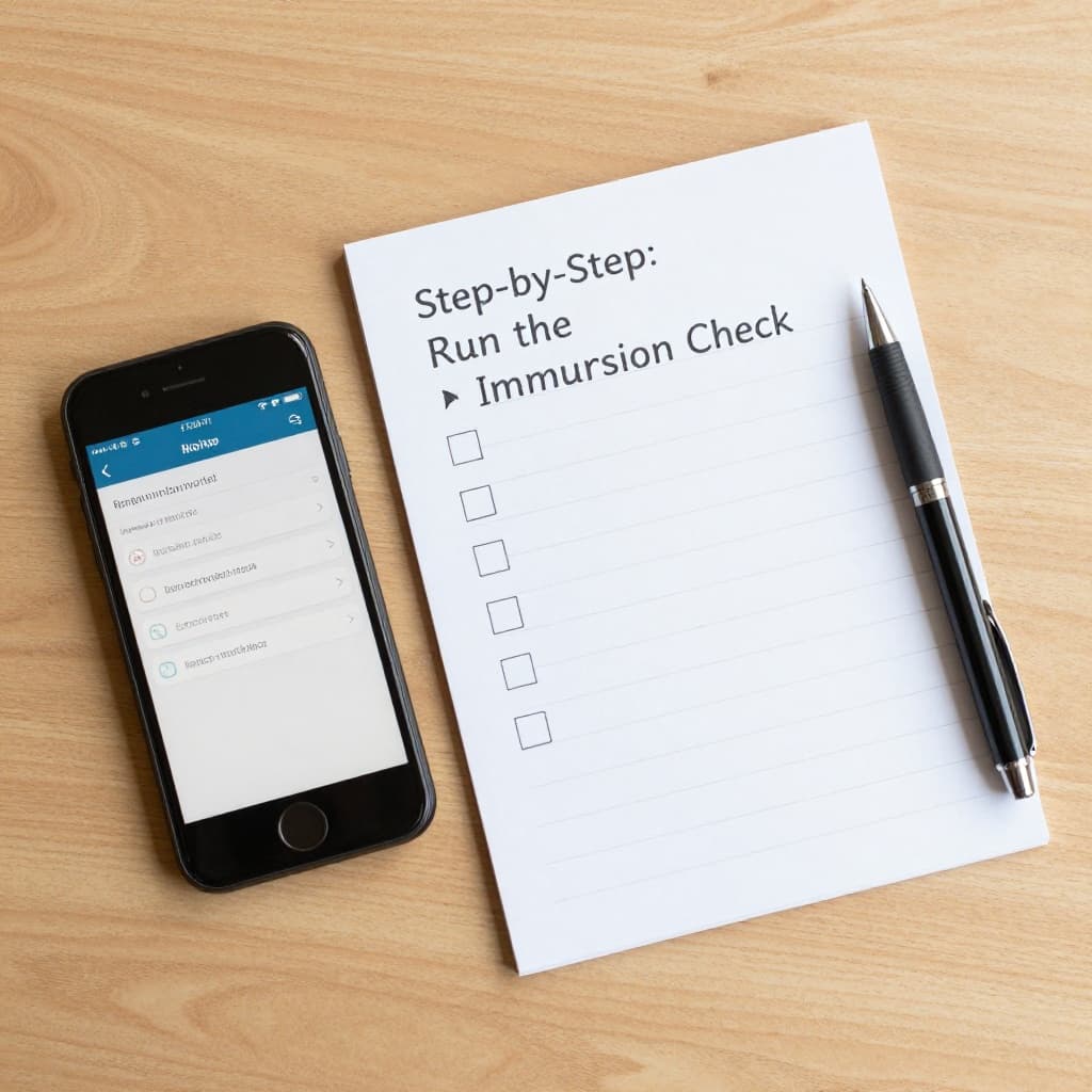 Language Immersion Apps: The 15-Minute Target-Language Check 2 Top-down photo of a simple checklist on a notepad with pen marks next to a smartphone showing a language app, on a wooden table in bright daylight.