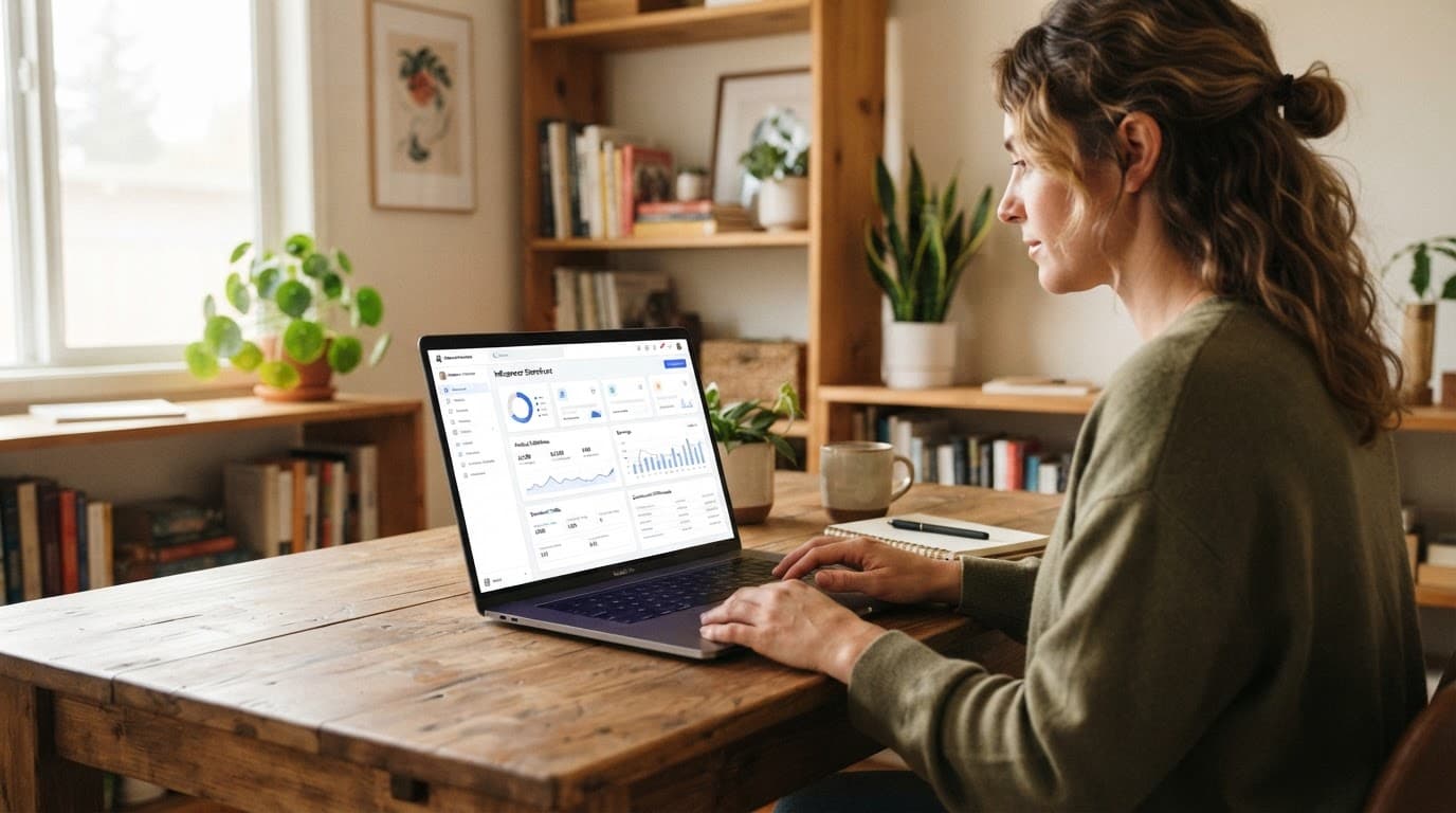 One person views a creator dashboard on a laptop in a cozy workspace.