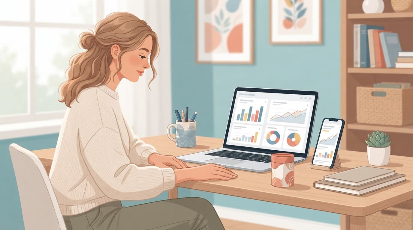 Creator comparing charts on a phone and laptop beside a product package.