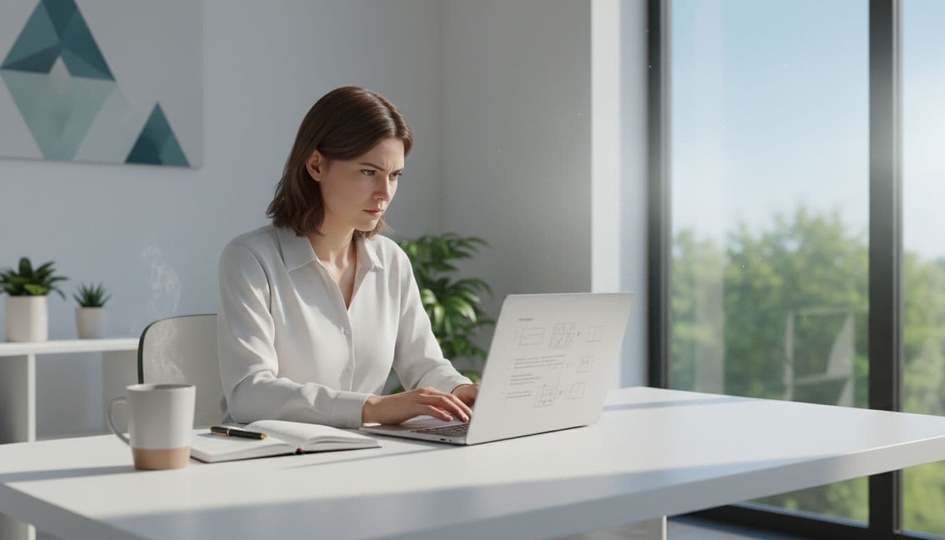 Language App Lesson Goals: A 15-Minute Clarity Check 2 A focused curriculum designer reviews lesson plans on a laptop at a desk in a bright modern office, with notes and coffee nearby, natural daylight lighting.