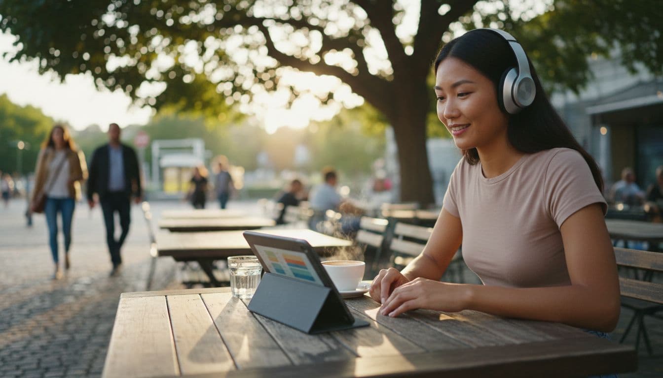 Diverse language learner at cafe table outdoors, headphones on, tablet showing blurred dashboard, coffee nearby.