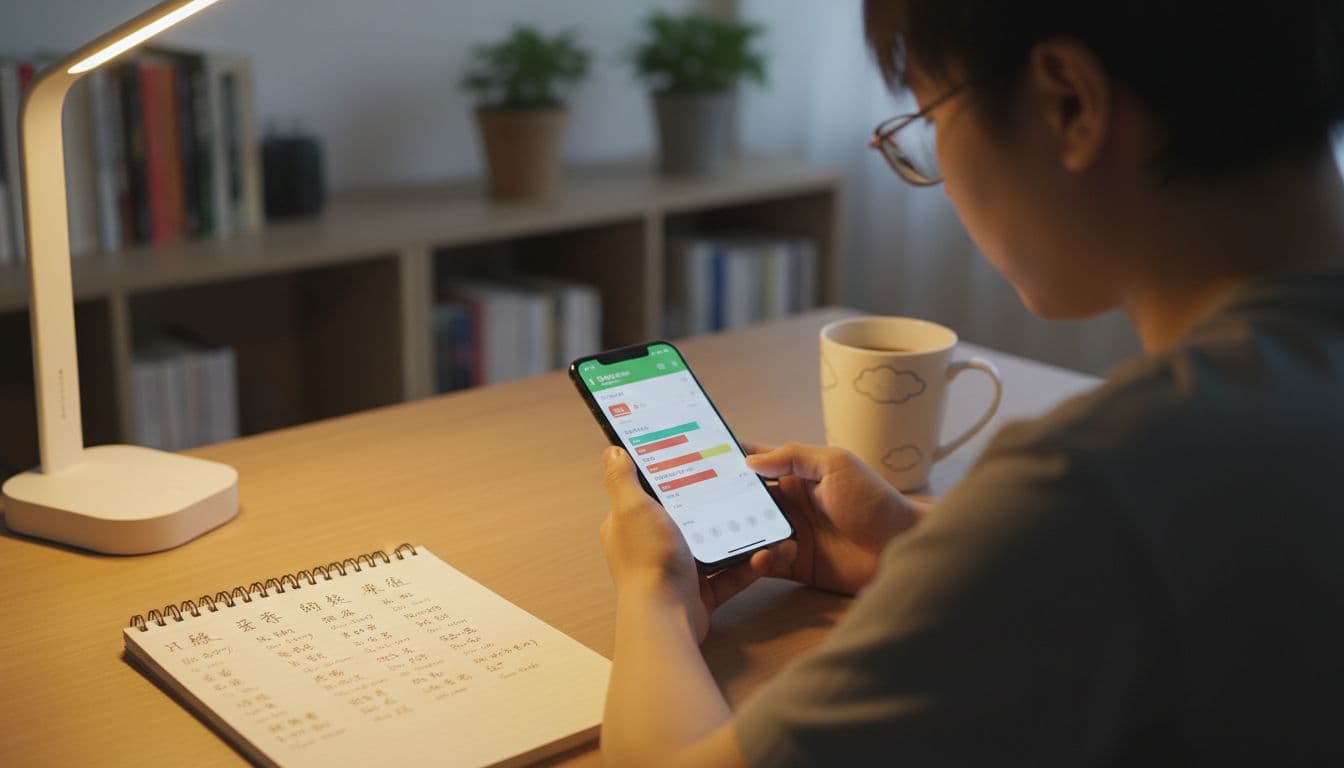 Learner at desk with phone showing Chinese reading content, HSK vocab notebook, coffee mug, and soft lamp.