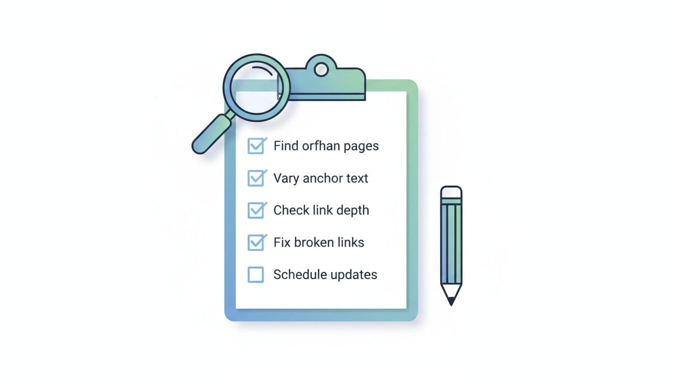Clean modern flat vector illustration of an internal link audit checklist on a clipboard with checkboxes for SEO tasks like finding orphan pages and fixing broken internal links, featuring a hovering magnifying glass and pencil on a white background.