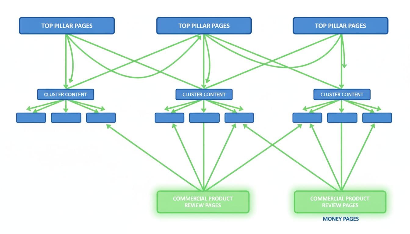 Flowchart diagram illustrating internal linking and breadcrumb paths that direct crawl budget and link equity toward money pages on an affiliate site, with pillar pages connecting to cluster content and product reviews.