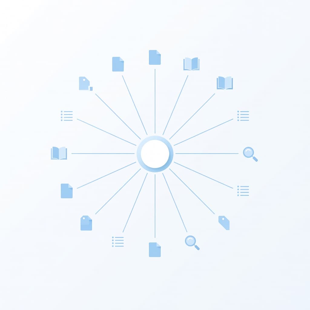 A central hub icon connected to various small icons in a minimalist blue and white network graphic.