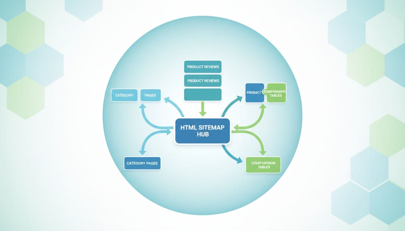 Arrows connect central sitemap hub to category pages, product reviews, and comparison tables.