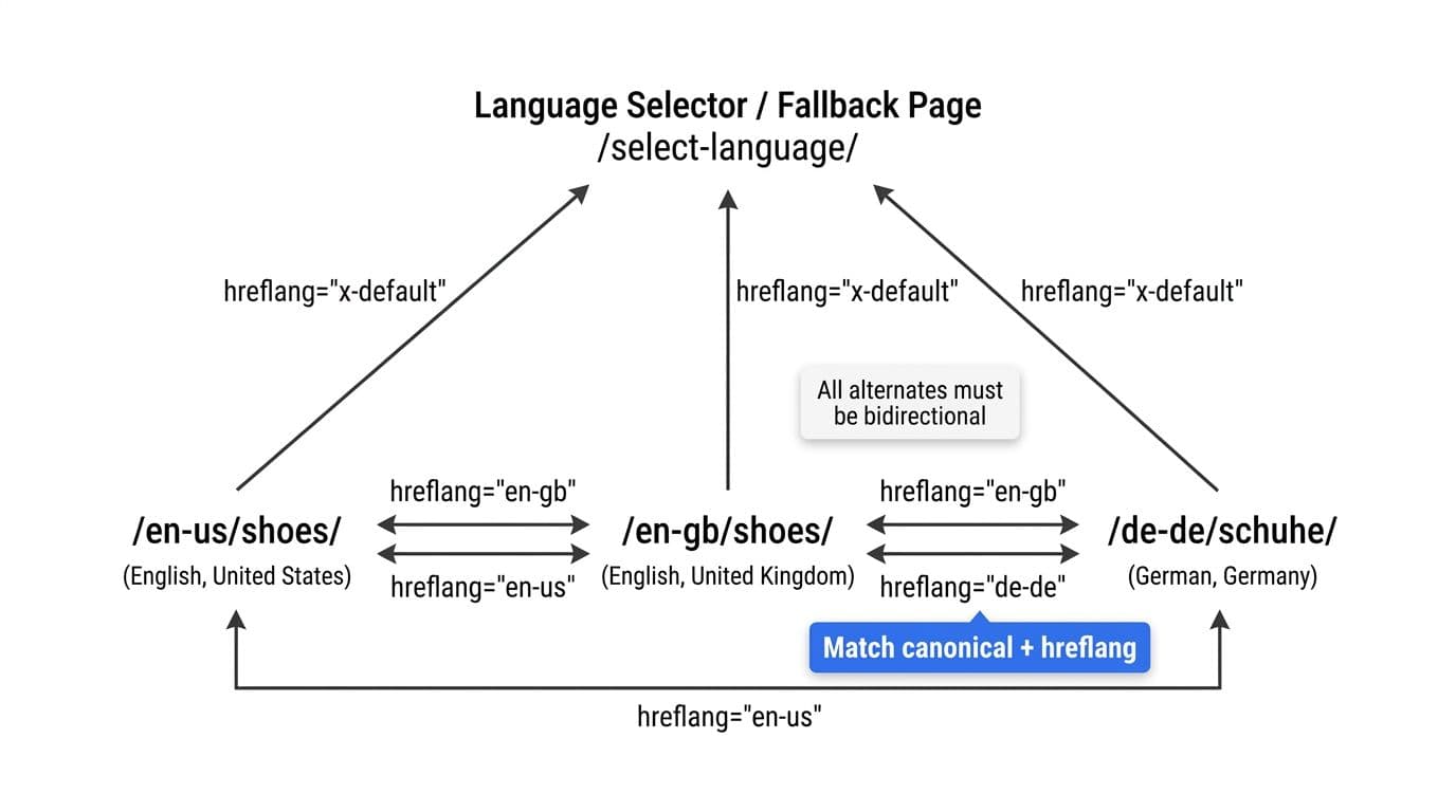 Clean, minimal vector diagram showing a simple e-commerce site map with localized category URLs (/en-us/shoes/, /en-gb/shoes/, /de-de/schuhe/) connected by reciprocal hreflang annotations and bidirectional arrows, including x-default to language selector and key callouts on bidirectional alternates and matching canonical + hreflang.