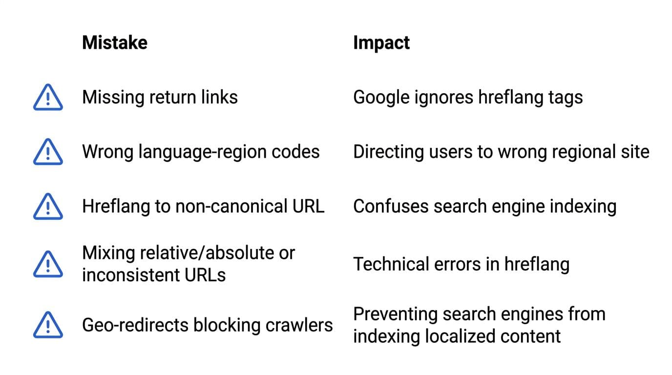 Clean, minimal vector-style diagram featuring a 2-column checklist of 5 common international SEO mistakes and their impacts for e-commerce sites, with warning triangle icons on a white background.