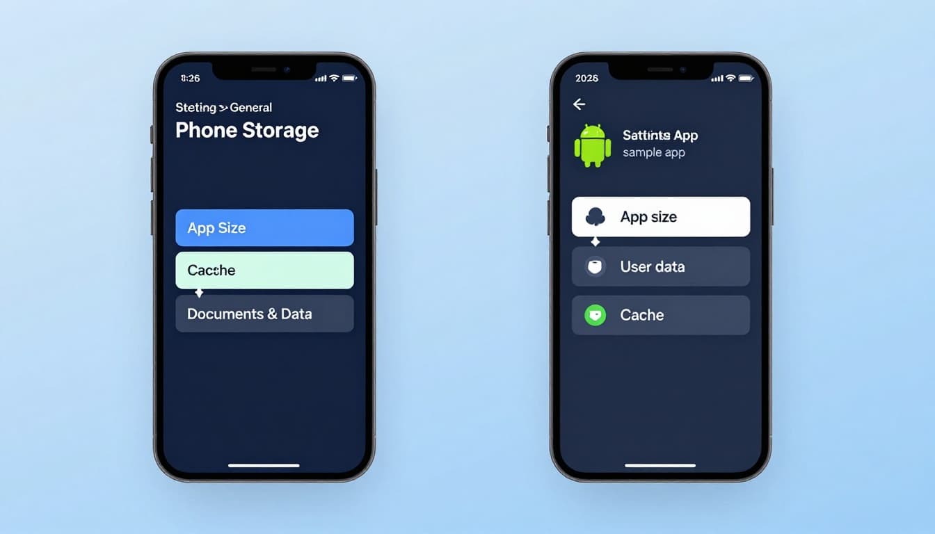 Clean, modern flat vector illustration of two generic smartphones side by side: iOS-style on the left showing Settings > General > iPhone Storage for a sample app with highlighted 'App Size', 'Documents & Data', and 'Cache'; Android-style on the right showing Settings > Apps > sample app > Storage with highlighted 'App size', 'User data', and 'Cache'. Light blue gradient background for an informative tech blog on app storage bloat.