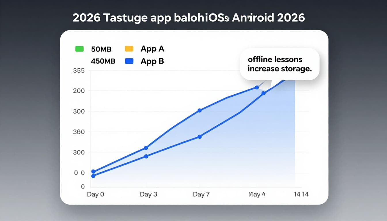 A simple line chart on a white background with subtle gray gradient, showing cache growth over Days 0, 3, 7, and 14 for App A (50MB to 450MB) and App B (30MB to 250MB), with a note bubble indicating 'offline lessons increase storage'.