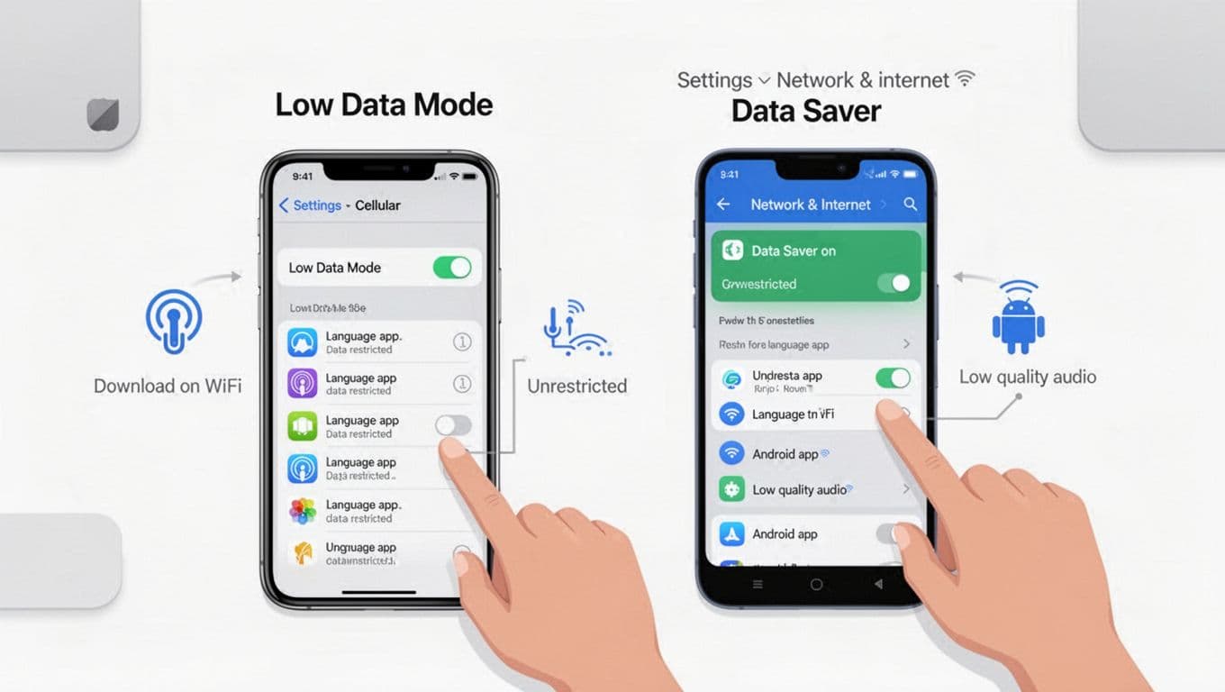 Clean, modern infographic illustrating iOS iPhone with Low Data Mode enabled and Android phone with Data Saver on, side by side on a desk, highlighting data restrictions for a language app.