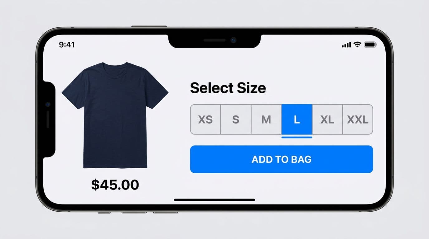 Clean high-fidelity iOS-style mobile product page UI mockup featuring a segmented control for clothing sizes XS-XXL with selected state, price update, and accessible design on neutral background.