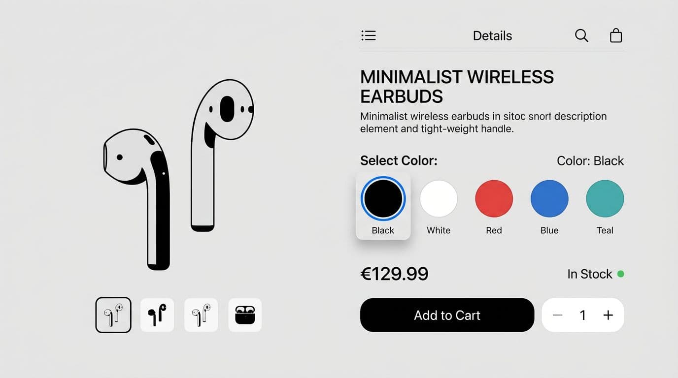 High-fidelity UI mockup of a clean iOS-style mobile eCommerce product page featuring a row of color swatches for variants, with one selected, price, stock info, and accessible design on a neutral background in landscape orientation.