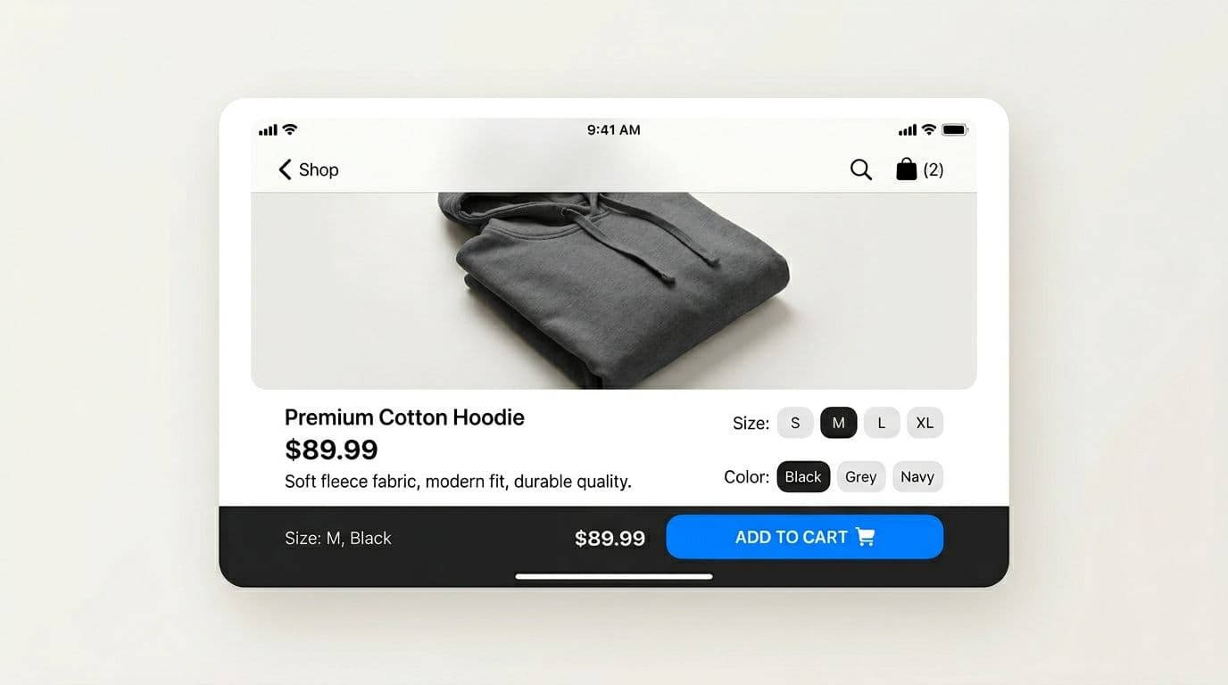 High-fidelity landscape iOS-style mobile eCommerce product page UI mockup on neutral background, featuring bottom sticky bar with variant summary like Size M Black near large add-to-cart button, product image above, crisp typography, and accessible design.