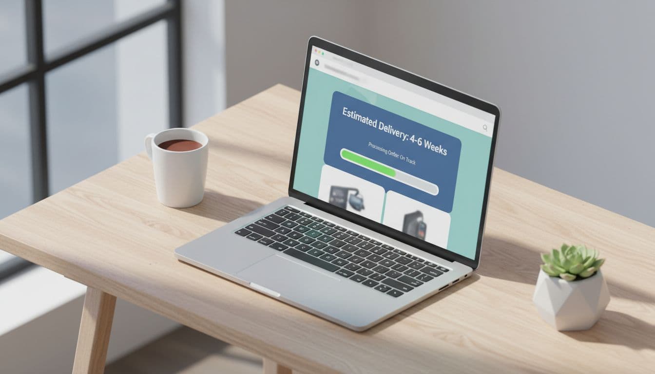 Clean laptop on a wooden desk showing a pre-order page interface with prominent delivery timeline indicator and progress bar, captured in isometric view with natural daylight lighting and modern flat design style; screen slightly angled and blurred.
