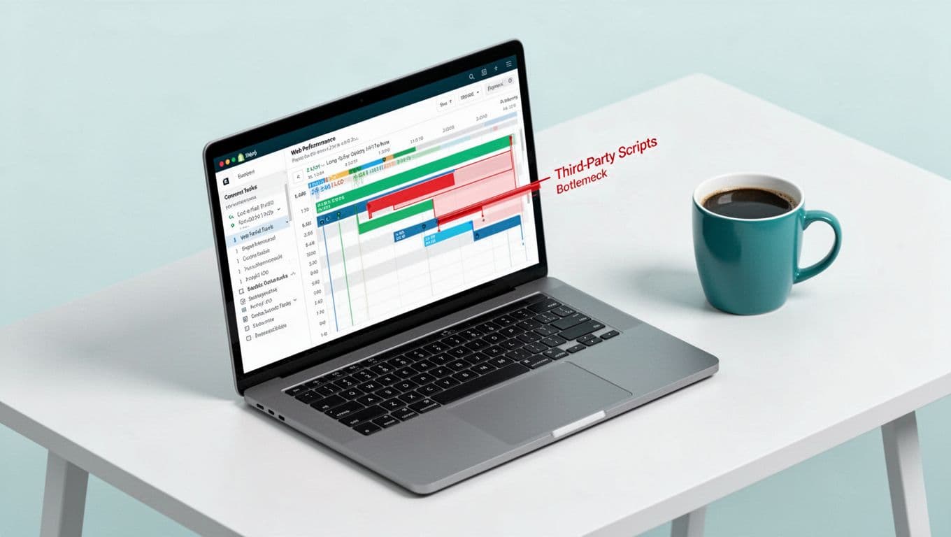 Isometric illustration of a laptop displaying a detailed web performance waterfall chart for a Shopify store, highlighting bottlenecks like third-party scripts in red and the LCP element. Features a clean modern workspace desk with a coffee mug, in crisp vector style with teal and blue accents.