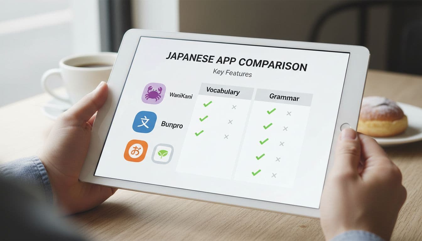 Best Japanese Learning Apps for Serious Learners in 2026 2 Hand holds tablet on cafe table with coffee, displaying side-by-side Japanese learning apps icons and checkmarks.