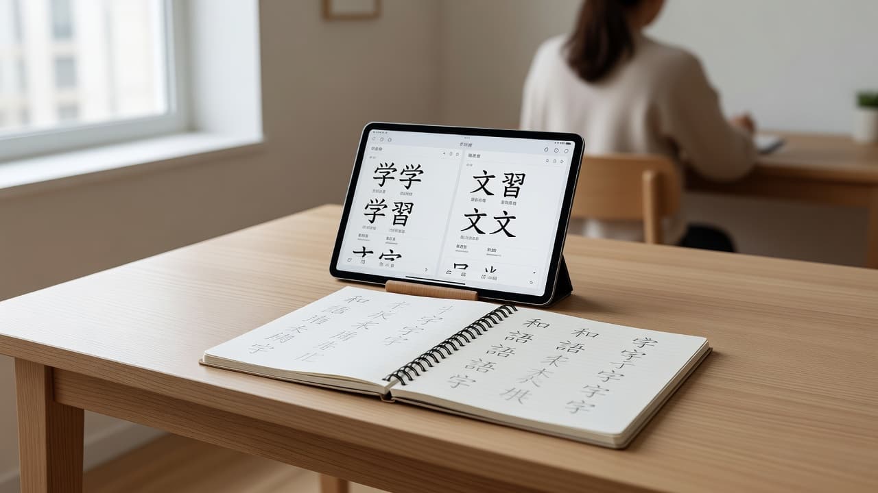 A wooden desk with a tablet and notebook showing Japanese kanji under soft window light.
