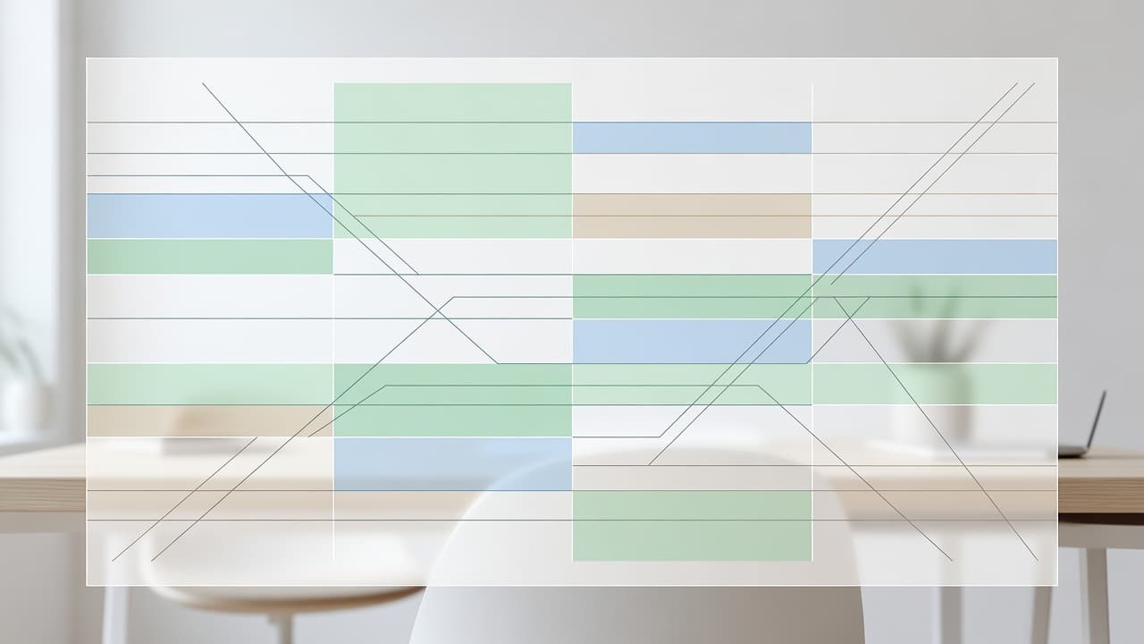 A sleek digital graphic features clean geometric shapes and soft pastel color blocks arranged in a comparative layout. The background is a soft, out-of-focus office space bathed in bright natural light.