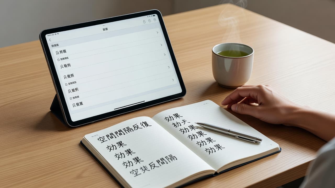 Best Japanese Flashcard Apps for Serious Learners in 2026 2 A person's hand rests near a tablet showing a minimalist flashcard app. Beside it, a paper notebook contains handwritten Japanese characters and a steaming cup of tea sits nearby on the desk.
