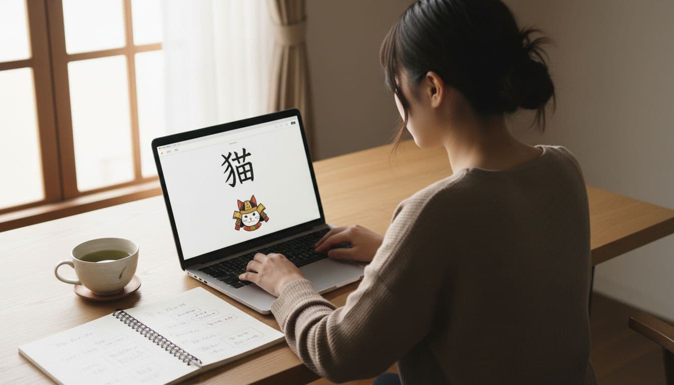 WaniKani Review 2026: Worth It for Serious Japanese Learners? 2 Focused learner at wooden desk views kanji flashcard on laptop, notebook and tea cup nearby.