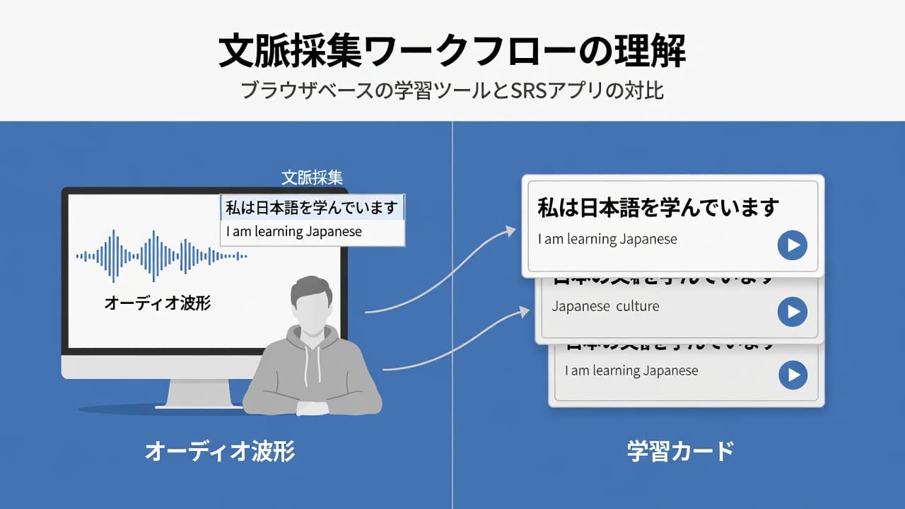 Migaku vs Anki for Japanese Sentence Mining in 2026 2 A digital interface showing Japanese language text, audio waveforms, and flashcards for study.