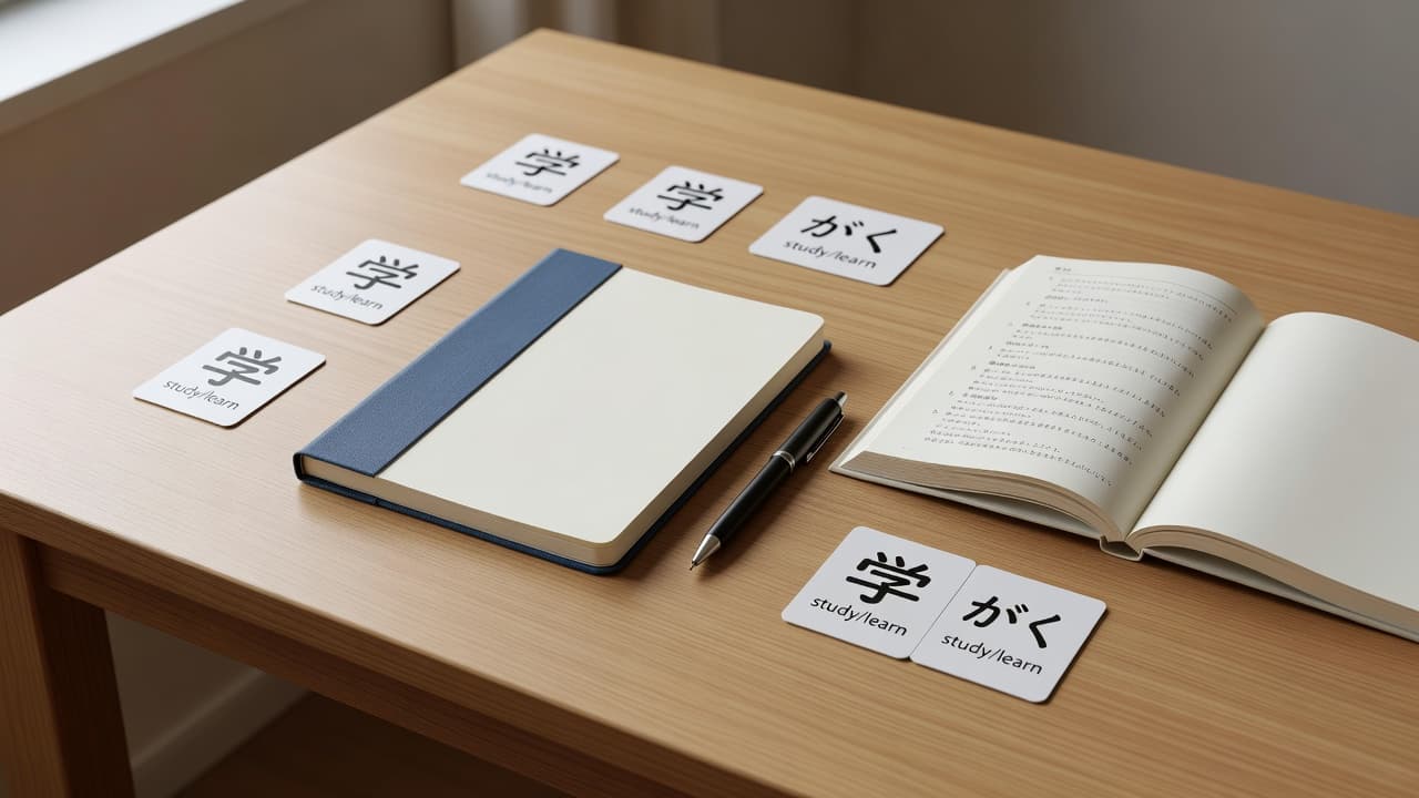 A wooden desk with a study book, Japanese notebook, and pen under soft natural light.