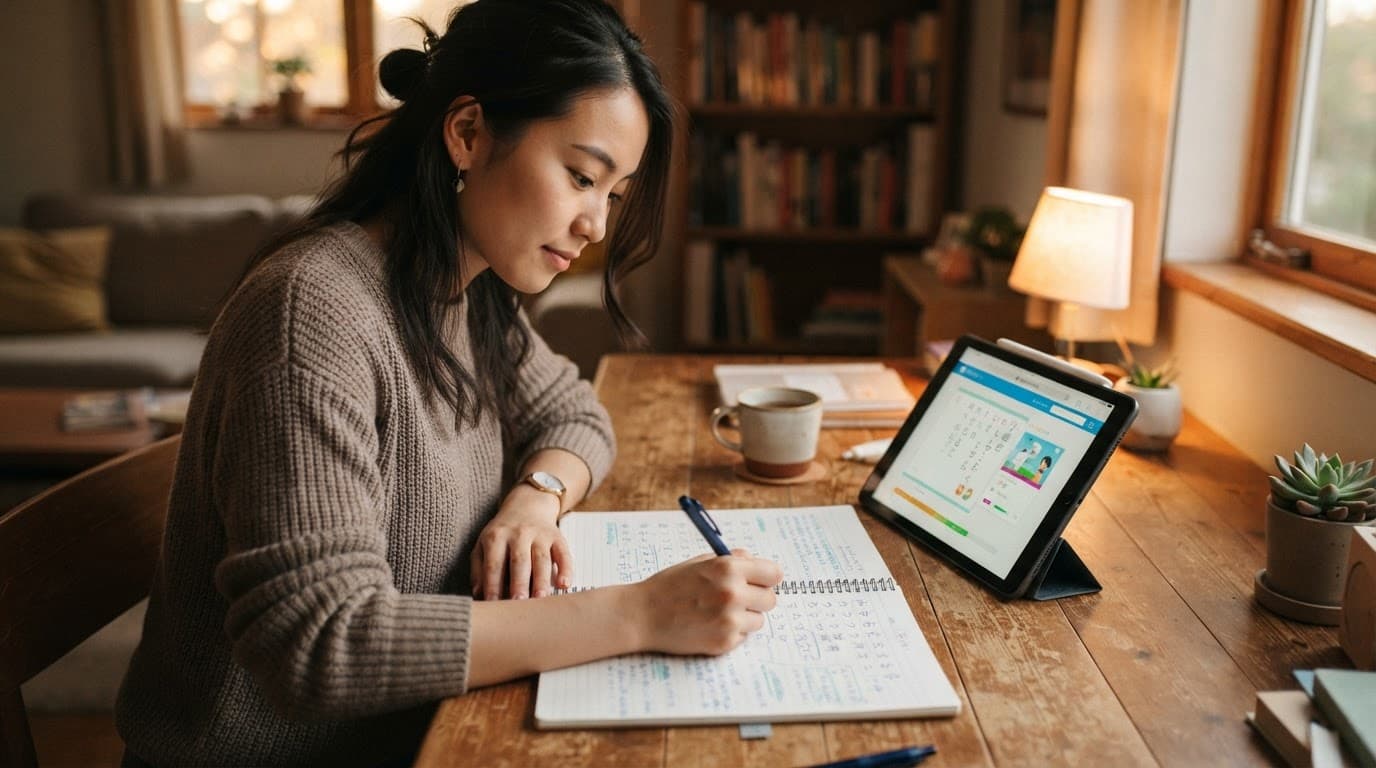 JapanesePod101 Review 2026: Who Should Pay? 2 Person studying Japanese with a notebook, pen, and tablet at a wooden desk.