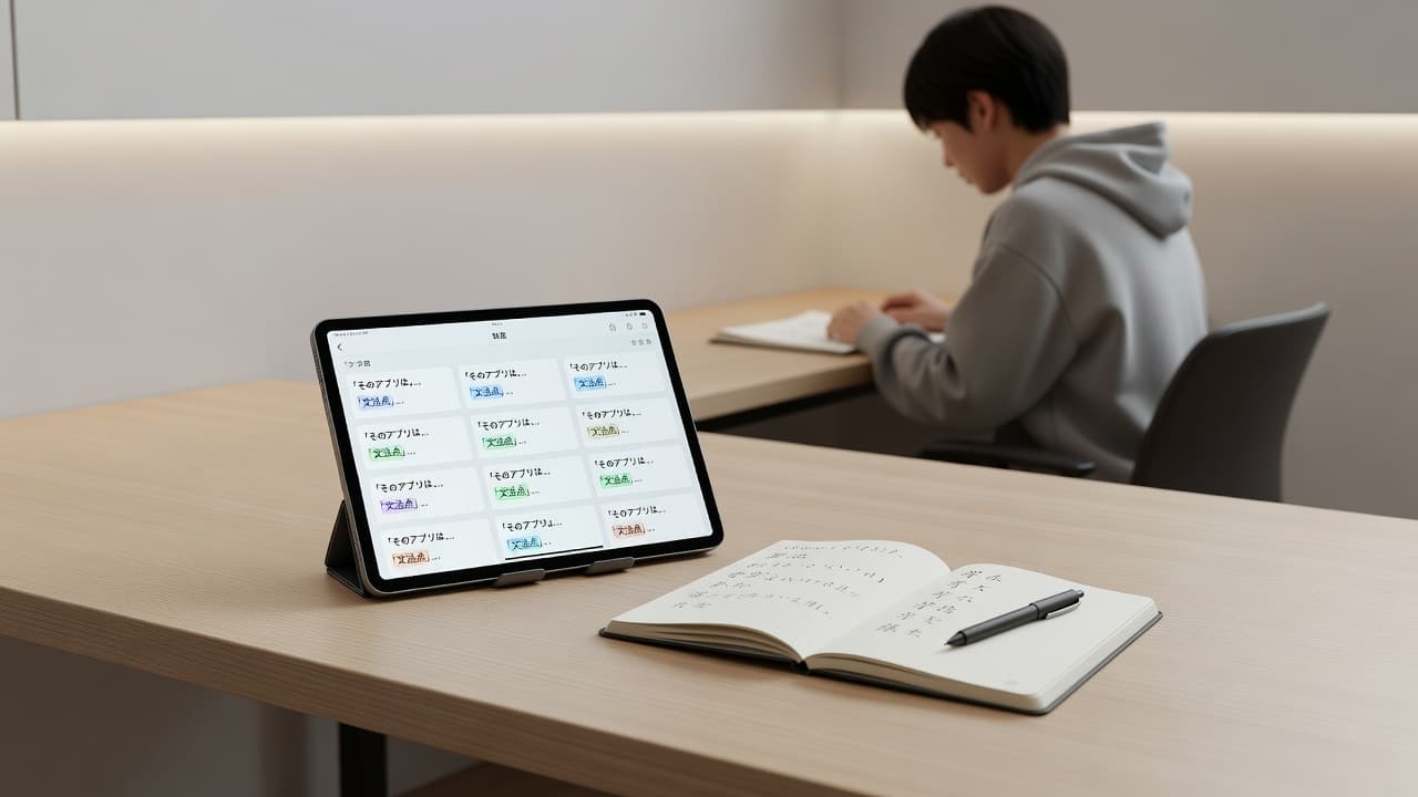 Bunpro vs Kanshudo: Which Japanese App Fits You? 2 A tablet and notebook on a clean desk for studying Japanese.