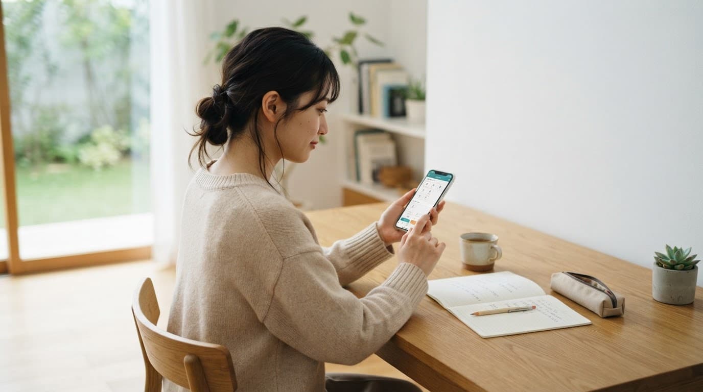 Bunpo Review 2026: Is It Worth It for Japanese Grammar? 2 A person studies Japanese characters on a smartphone at a wooden desk in a bright room.