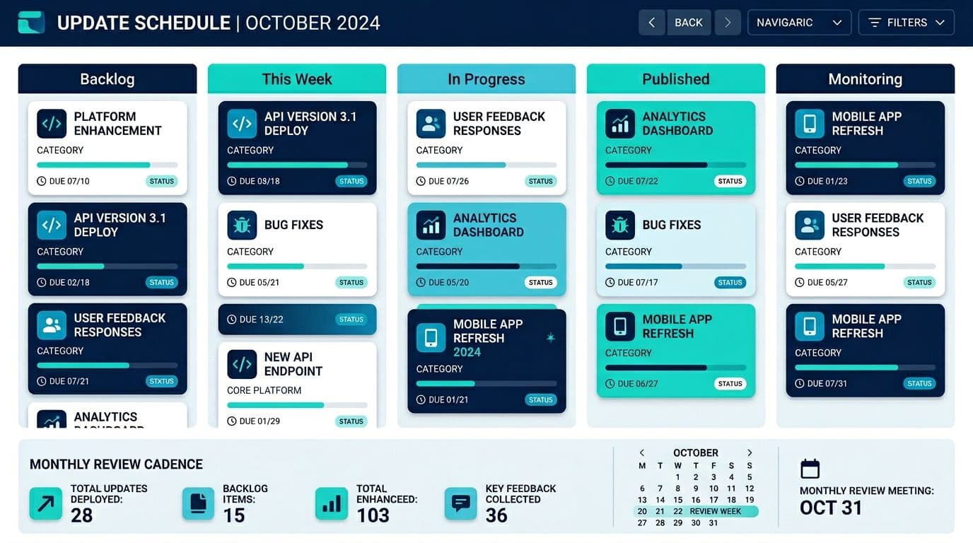 Clean, modern editorial illustration of a calendar/kanban hybrid view for update scheduling with sections like Backlog, This Week, In Progress, Published, and Monitoring, featuring a monthly review cadence in a professional SaaS dashboard aesthetic.