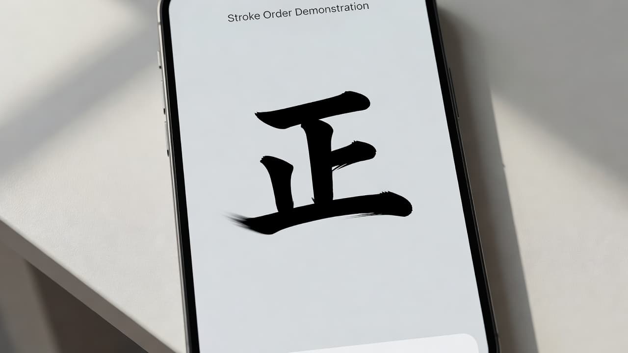 A sleek smartphone screen displays a single flowing brush stroke forming a Japanese kanji character against a clean, minimalist background. The soft daylight enhances the professional educational tool aesthetic.
