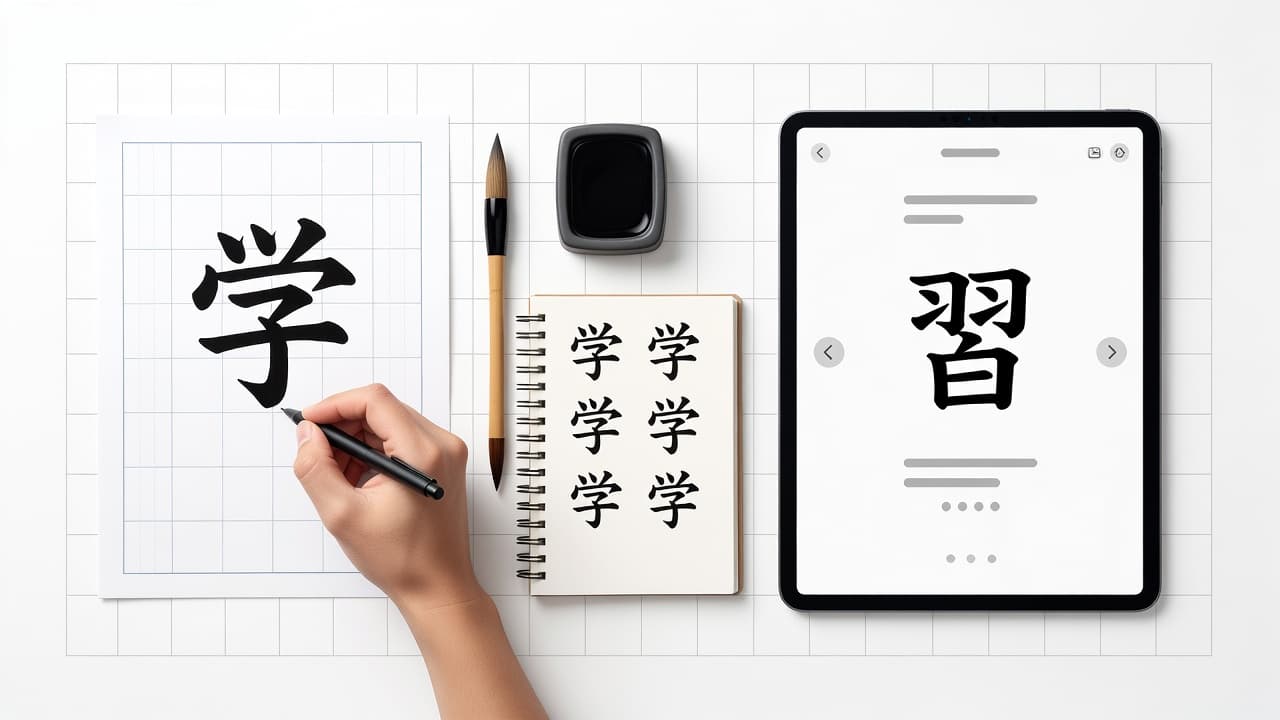 An open notebook of handwritten kanji next to a study app on a tablet.