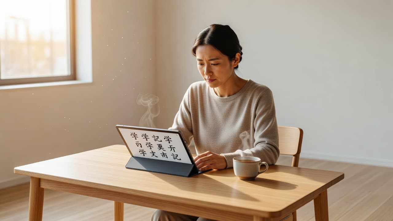 A focused student sits at a minimalist wooden desk, reviewing Japanese kanji on a tablet screen. Warm morning light spills across the surface next to a steaming ceramic tea cup.