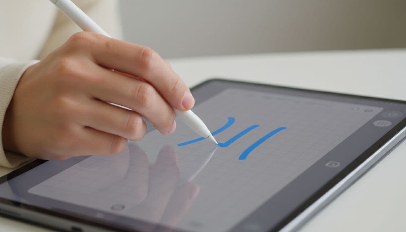 A 15-Minute Handwriting Input Check for Language Apps 3 Close-up of a hand using a stylus to write Japanese kanji on a tablet screen in a language learning context, displaying stroke path feedback with natural indoor lighting and realistic style.