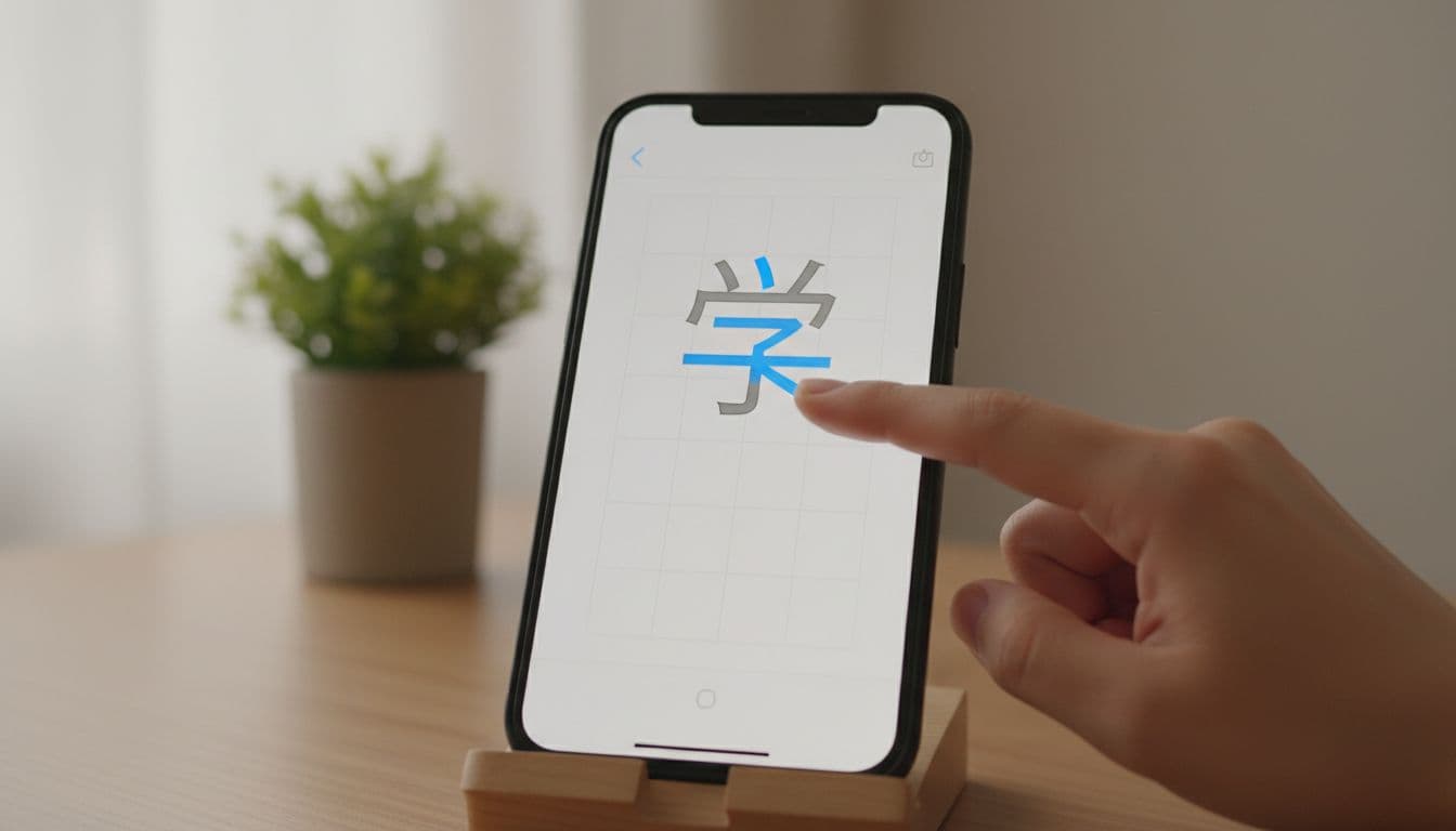 Skritter Review for Serious Learners in 2026 4 Hand traces kanji stroke order on smartphone screen in minimal home setup with plant background.