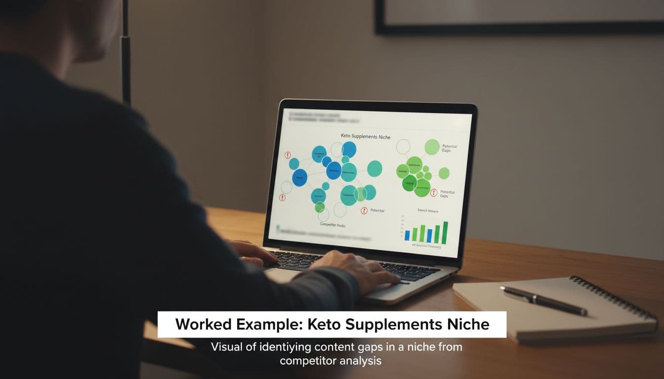 Hypothetical SEO dashboard on a laptop screen highlights content clusters from competitor hubs and marks potential gaps with icons in the keto supplements niche, featuring simple charts for search volume and keyword difficulty. A single person seated at a modern office desk with notebook and pen views the screen under soft lighting.