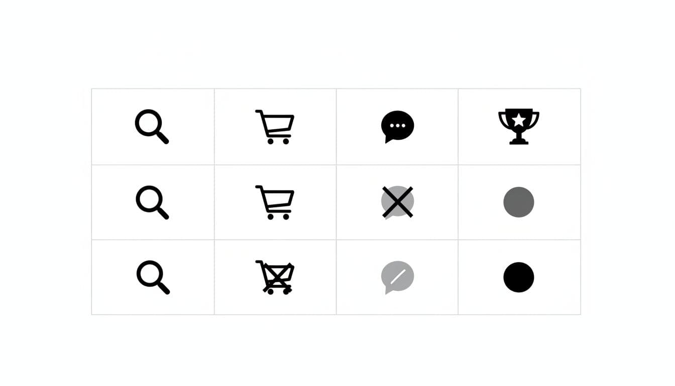 A clean four-column table featuring a header row above three distinct data rows. Each column is distinguished by icons including a magnifying glass, shopping cart, speech bubble, and score symbol.