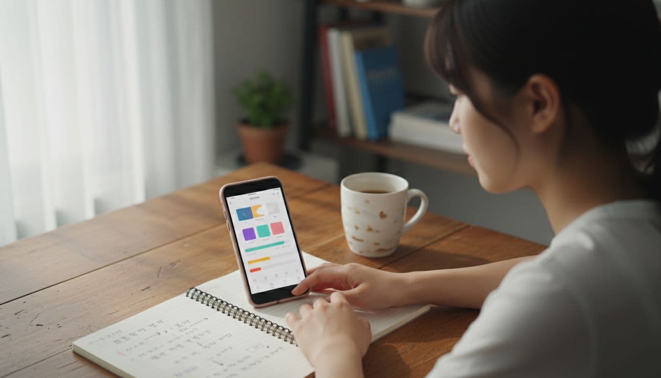 Learner sits at wooden desk with angled smartphone showing Korean app interface, open Hangul notebook, and coffee mug.