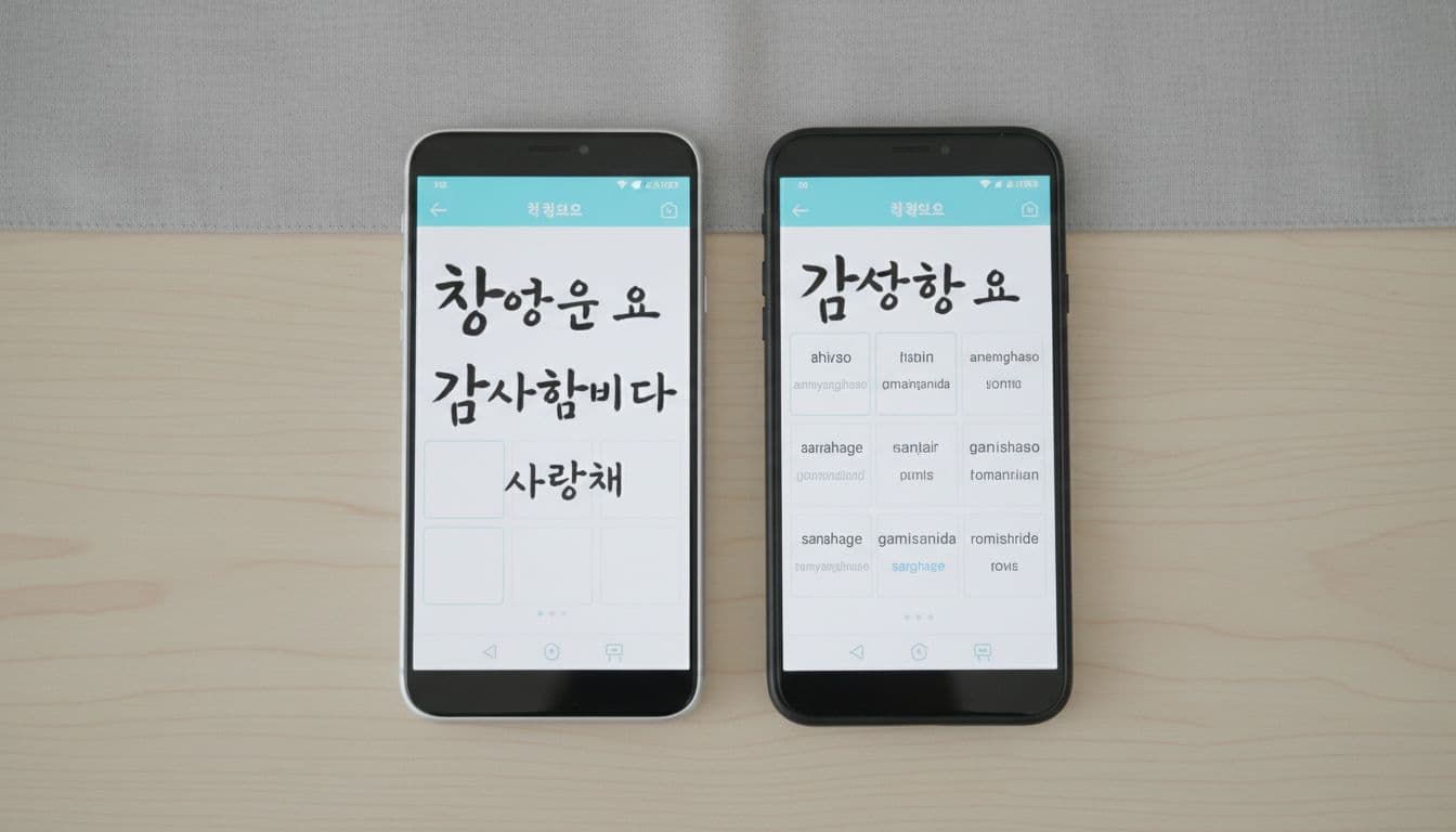 The 10-Minute Romanization Dependency Test For Language Apps 2 Side-by-side top-down view of two smartphones on a table: left displays clean Korean Hangul script exercise without romanization, right shows heavy romanization overlay on similar exercise.