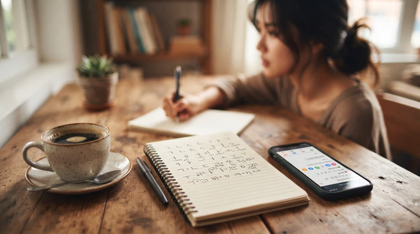Talk To Me In Korean Review 2026: Is It Worth It? 2 Notebook, study app, and coffee on a desk with a blurred student behind.