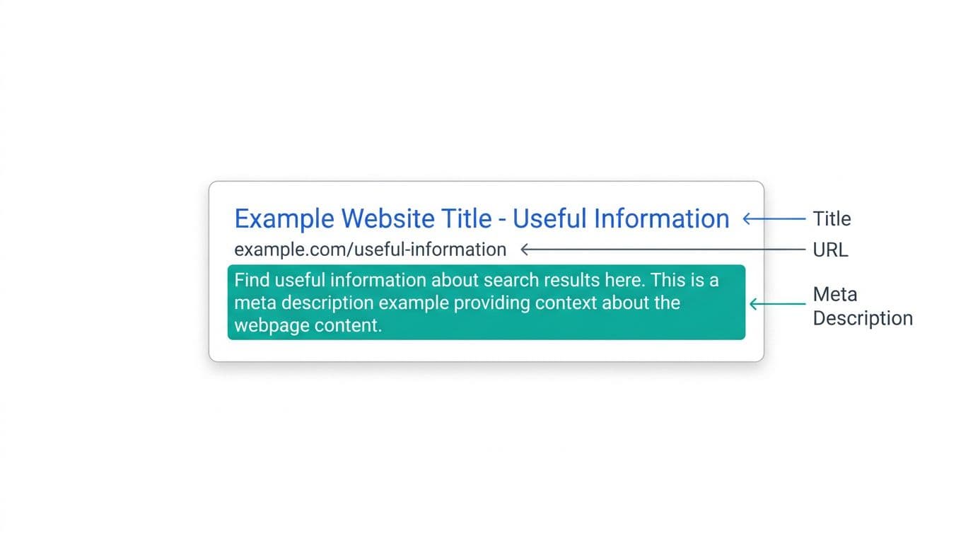 Stylized vector diagram of a single organic Google search result card, featuring title in blue, URL in gray, meta description snippet highlighted in teal background, with arrow labels pointing to each element. Minimalist design on white background with crisp lines, subtle shadows, and landscape aspect ratio extending to edges.
