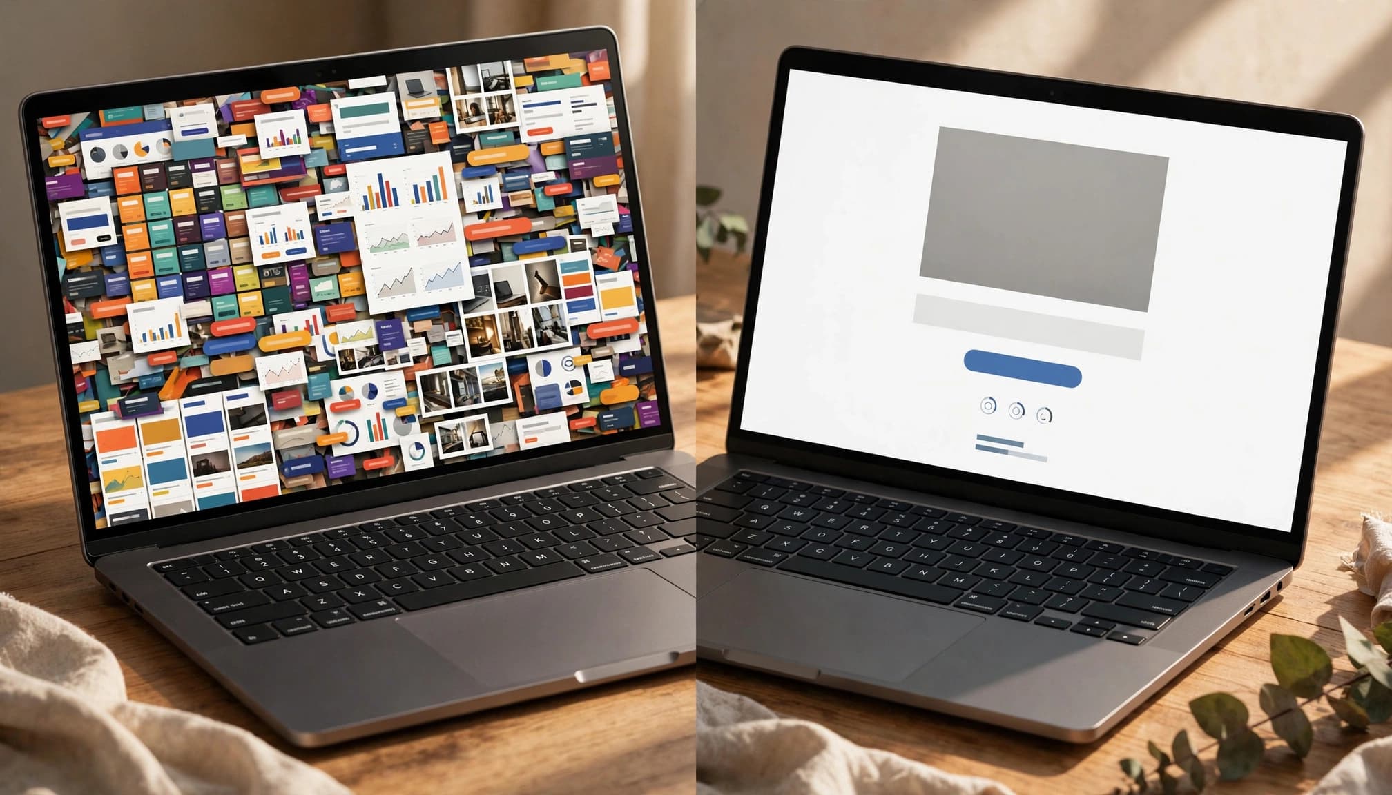 Two laptop screens show crowded and focused landing pages.