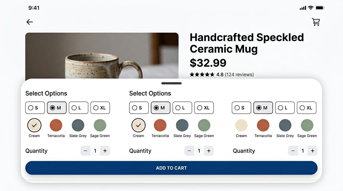 Realistic mobile eCommerce product detail page (PDP) UI mockup in landscape orientation, showing scrolled main content with partial product image, title, and price visible, plus an expanded bottom drawer from sticky bar with variant options grid for sizes and colors, radio selects, quantity stepper, and Add to Cart button.