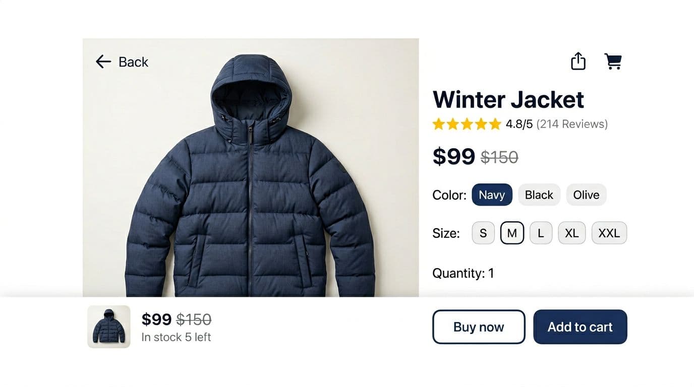 Realistic landscape mobile eCommerce product detail page mockup featuring a winter jacket with sale price, variant selector, ratings, and sticky bottom bar with add to cart and buy now buttons. Modern minimal UI design with high-contrast typography, white background, and subtle shadows.