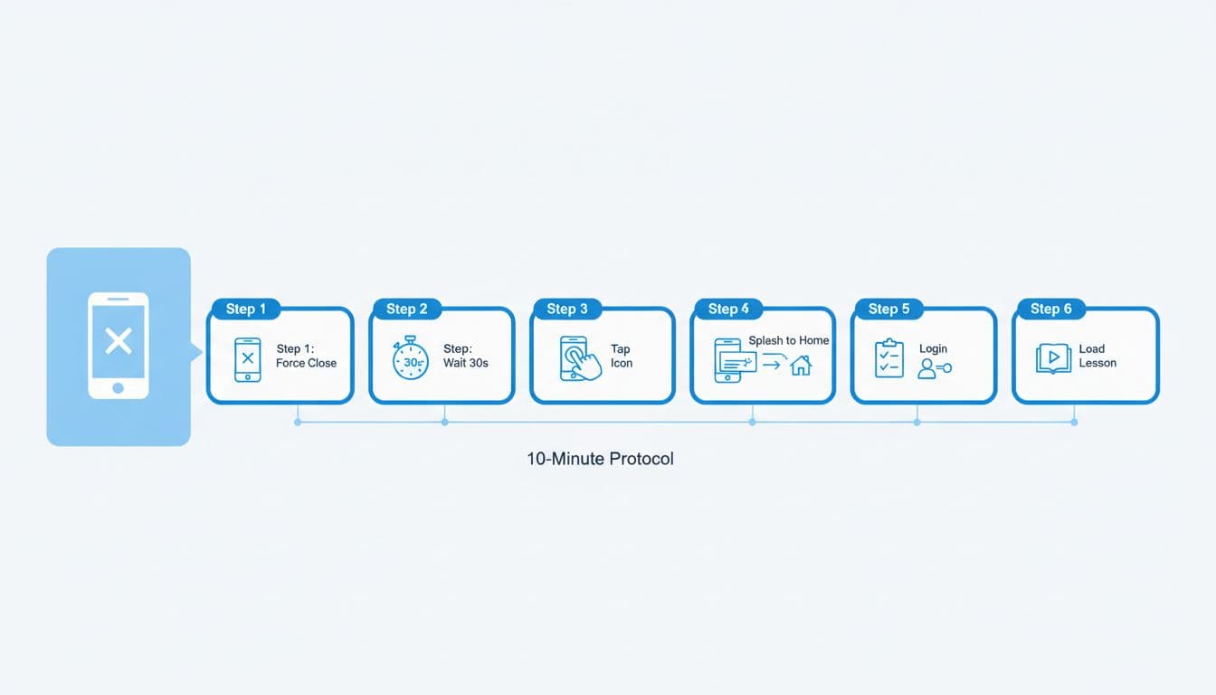 Clean infographic timeline for a 10-minute cold start speed test protocol for language apps on smartphones, detailing steps like force quit, wait 30 seconds, launch app, time splash to home screen, login if needed, and load first lesson. Features icons for phone, timer, checklist, and stopwatch in modern flat blue and white design, landscape orientation.